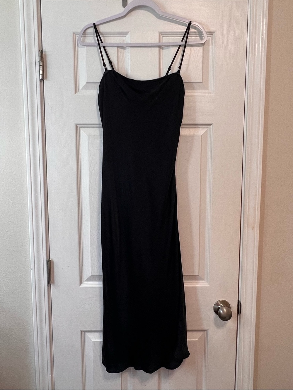Anthropologie Black Satin Slip Midi Dress Cowl Neck Adjustable Straps M